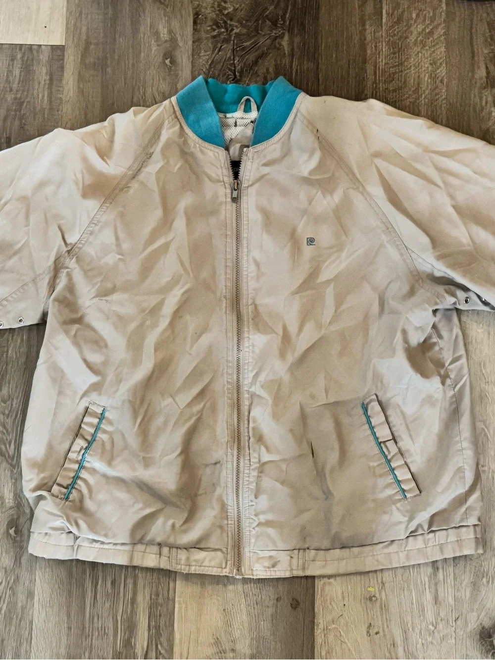 Vintage Pierre Cardin Cream Bomber Jacket with Teal Trim